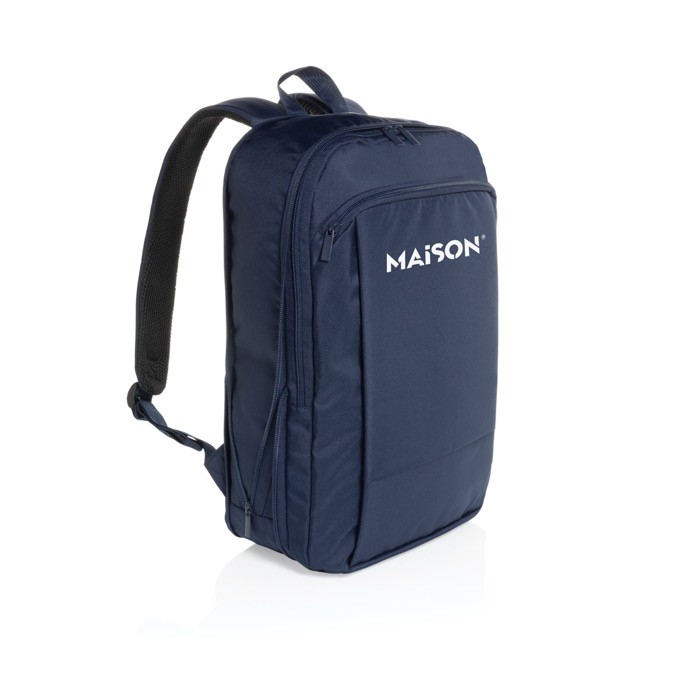 Mochila ultradelgada en RPET con diseño expandible 15.6” color azul marino vista con logo