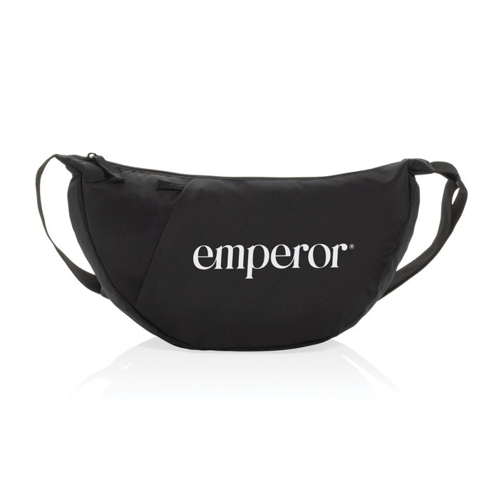 Bolsa bandolera XL en RPET con bolsillo exterior y correa ajustable color negro vista con logo