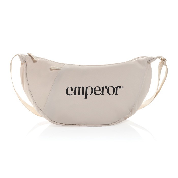 Bolsa bandolera XL en RPET con bolsillo exterior y correa ajustable color beige vista con logo