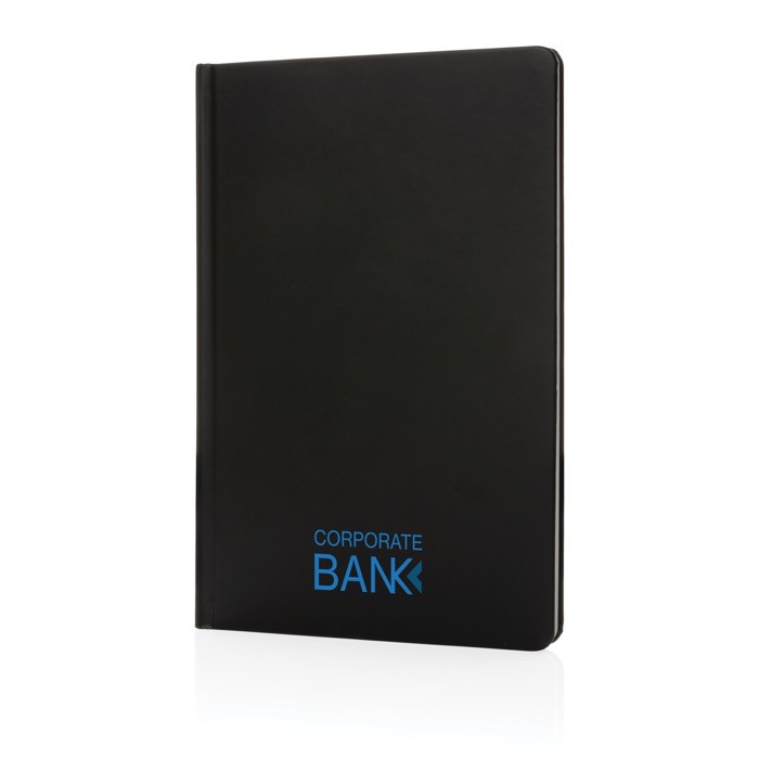 Libreta promocional de papel de piedra color negro segunda vista con logo Libreta promocional de papel de piedra color negro segunda vista con logo