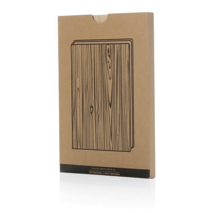Libreta con tapa dura en estampado de madera A5 hojas a rayas color marrón claro vista con caja Libreta con tapa dura en estampado de madera A5 hojas a rayas color marrón claro vista con caja