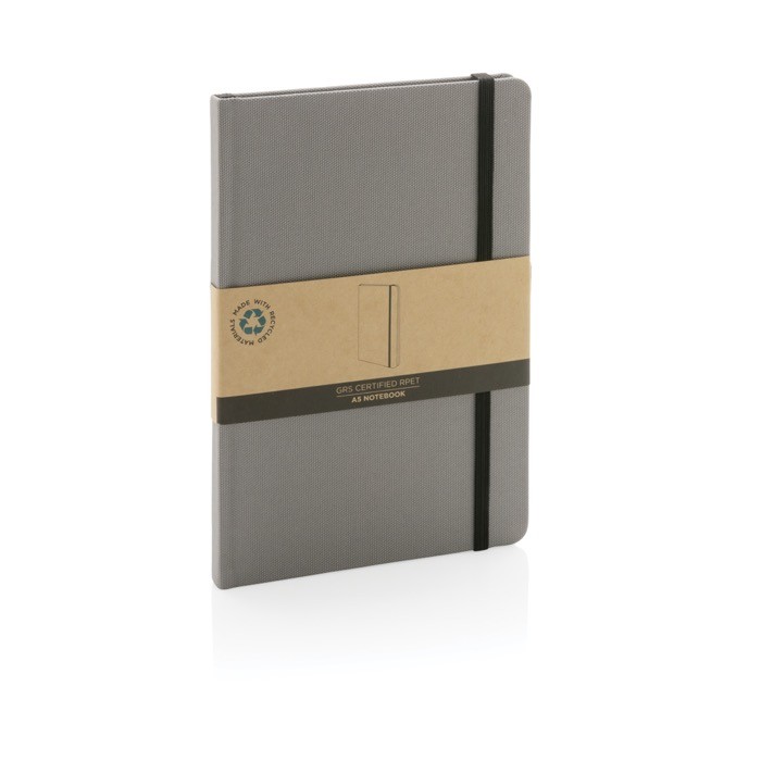 Cuaderno de materiales reciclados con elástico color gris vista con caja Cuaderno de materiales reciclados con elástico color gris vista con caja