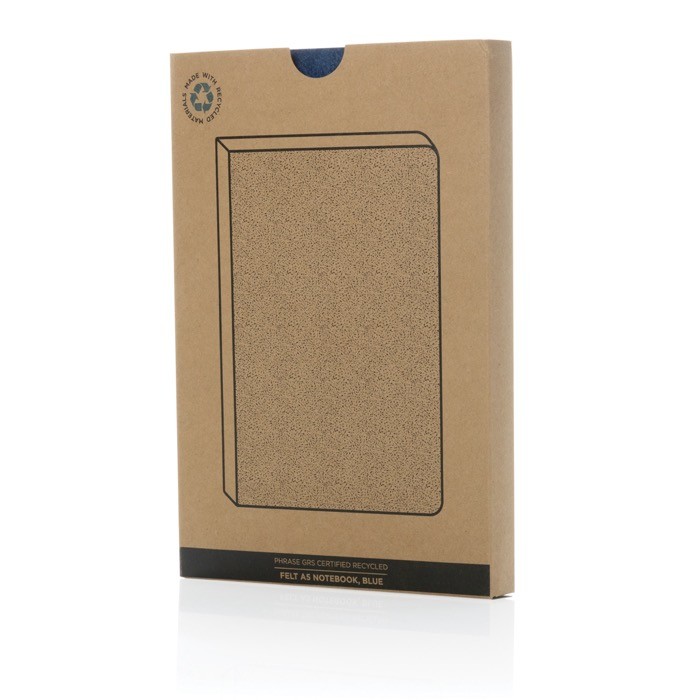 Cuaderno de fieltro de materiales reciclados A5 hojas a rayas color azul vista con caja