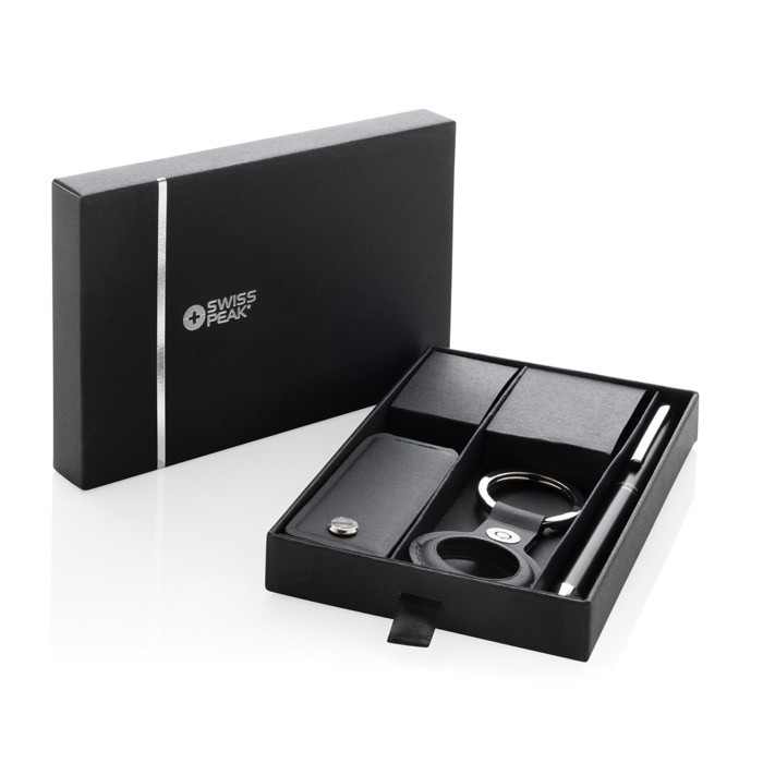 Set de organizador de llaves, llavero y bolígrafo tinta azul color negro vista con caja