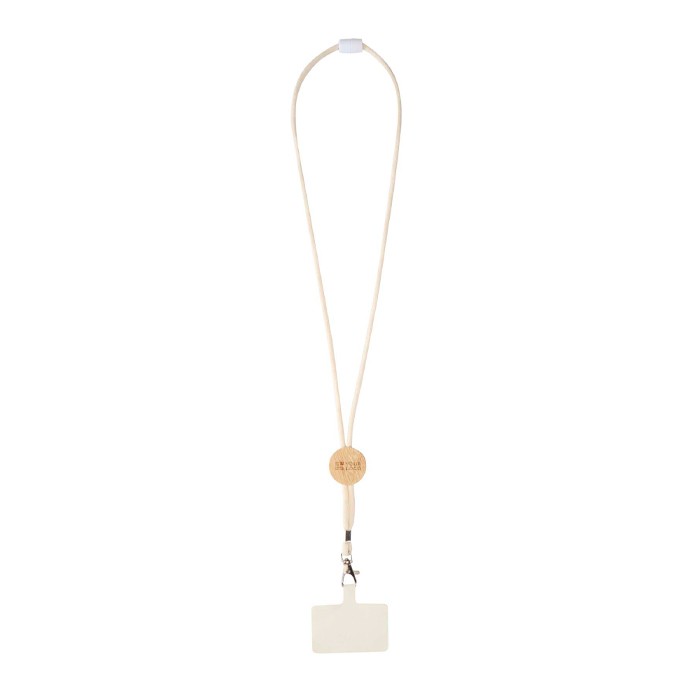 Lanyard para teléfono con detalle de bambú ecológico en el centro vista principal Lanyard para teléfono con detalle de bambú ecológico en el centro vista principal