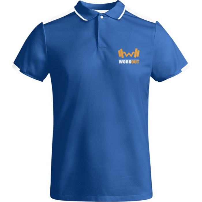 Polo de poliéster de manga corta para hombre bicolor 140 g/m2 Roly color azul real vista impresión serigrafía Polo de poliéster de manga corta para hombre bicolor 140 g/m2 Roly color azul real vista impresión serigrafía