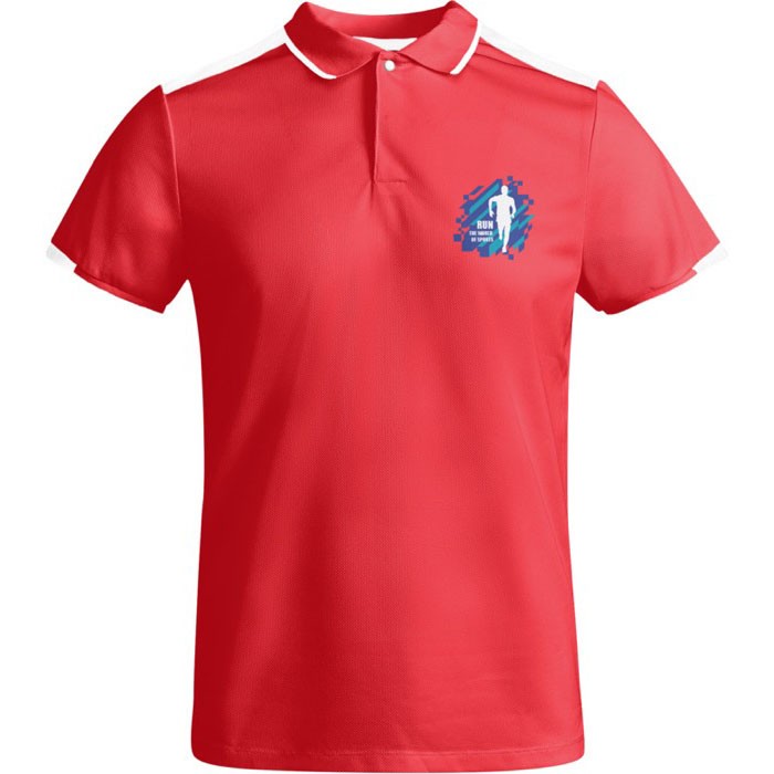 Polo de poliéster de manga corta para hombre bicolor 140 g/m2 Roly color rojo vista impresión serigrafía Polo de poliéster de manga corta para hombre bicolor 140 g/m2 Roly color rojo vista impresión serigrafía