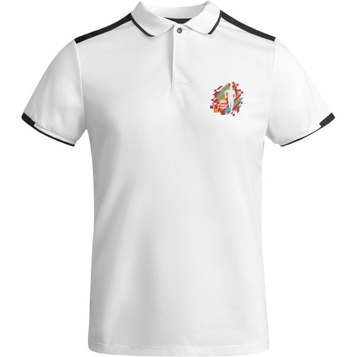 Polo de poliéster de manga corta para hombre bicolor 140 g/m2 Roly color blanco vista impresión serigrafía Polo de poliéster de manga corta para hombre bicolor 140 g/m2 Roly color blanco vista impresión serigrafía