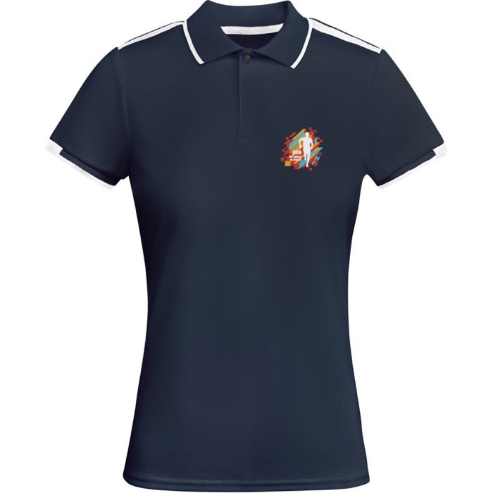Polo de poliéster de manga corta para mujer bicolor 140 g/m2 Roly color azul marino vista impresión serigrafía Polo de poliéster de manga corta para mujer bicolor 140 g/m2 Roly color azul marino vista impresión serigrafía