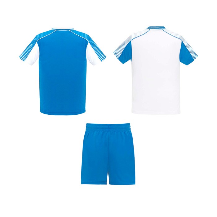 Conjunto deportivo de poliéster unisex con 2 camisetas 140 g/m2 Roly color blanco/azul segunda vista trasera