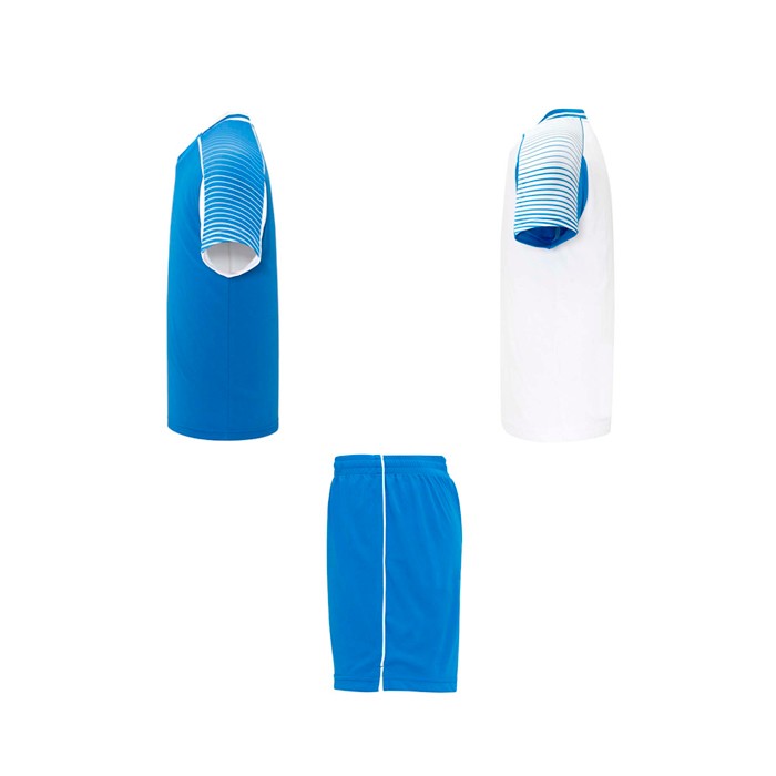 Conjunto deportivo de poliéster unisex con 2 camisetas 140 g/m2 Roly color blanco/azul vista lateral