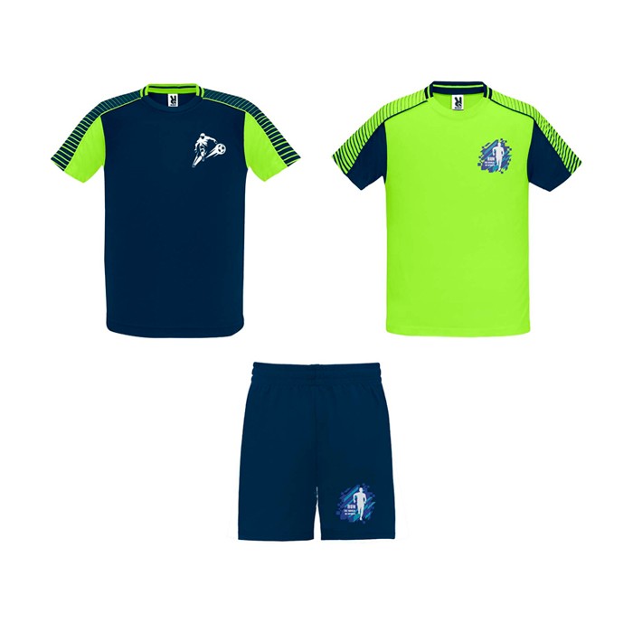 Conjunto deportivo de poliéster unisex con 2 camisetas 140 g/m2 Roly color verde fluorescente vista impresión serigrafía