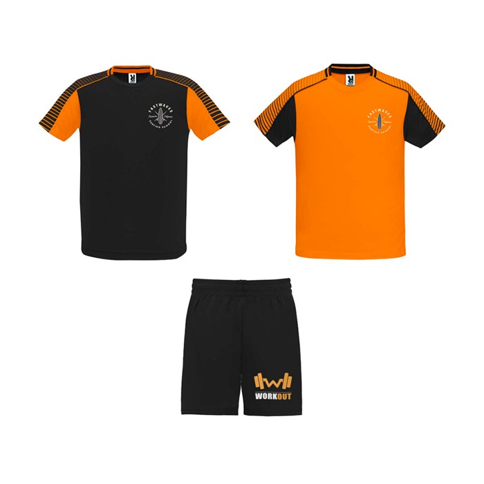 Conjunto deportivo de poliéster unisex con 2 camisetas 140 g/m2 Roly color naranja vista impresión serigrafía