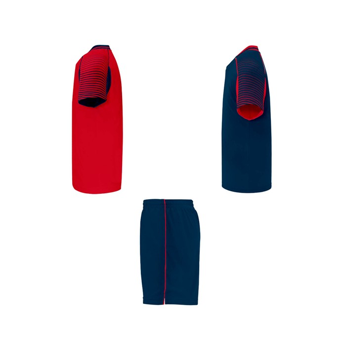 Conjunto deportivo de poliéster unisex con 2 camisetas 140 g/m2 Roly color rojo vista lateral