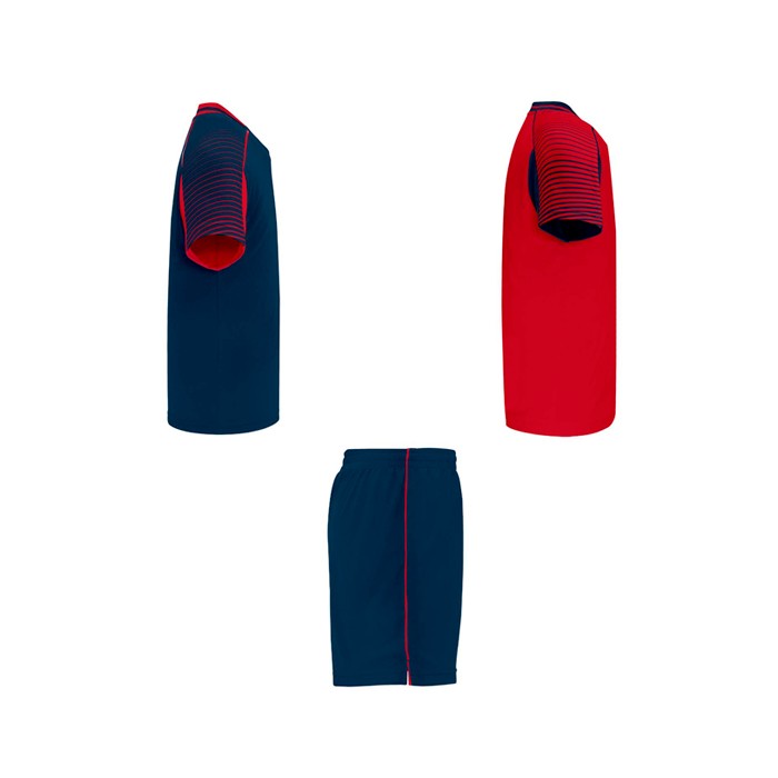 Conjunto deportivo de poliéster unisex con 2 camisetas 140 g/m2 Roly color rojo segunda vista lateral