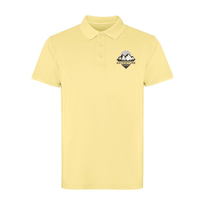 Polo unisex de manga corta con acabado lavado 200 g/m2 Roly Cobain color amarillo vista impresión serigrafía Polo unisex de manga corta con acabado lavado 200 g/m2 Roly Cobain color amarillo vista impresión serigrafía