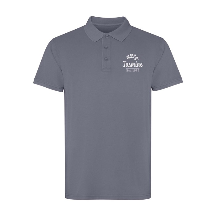 Polo unisex de manga corta con acabado lavado 200 g/m2 Roly Cobain color gris oscuro vista impresión serigrafía Polo unisex de manga corta con acabado lavado 200 g/m2 Roly Cobain color gris oscuro vista impresión serigrafía