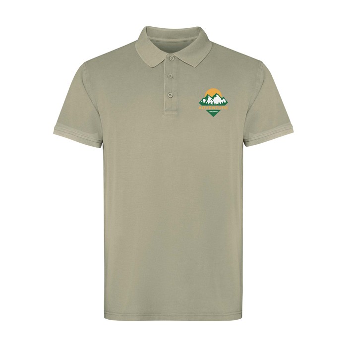 Polo unisex de manga corta con acabado lavado 200 g/m2 Roly Cobain color caqui vista impresión serigrafía Polo unisex de manga corta con acabado lavado 200 g/m2 Roly Cobain color caqui vista impresión serigrafía