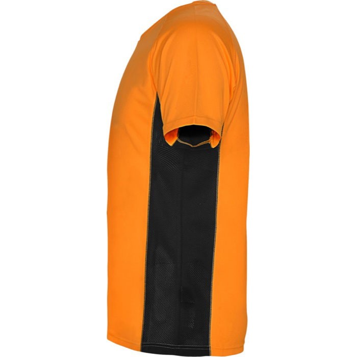 Camiseta deportiva de poliéster para hombre bicolor 140 g/m2 Roly color naranja fluorescente vista lateral