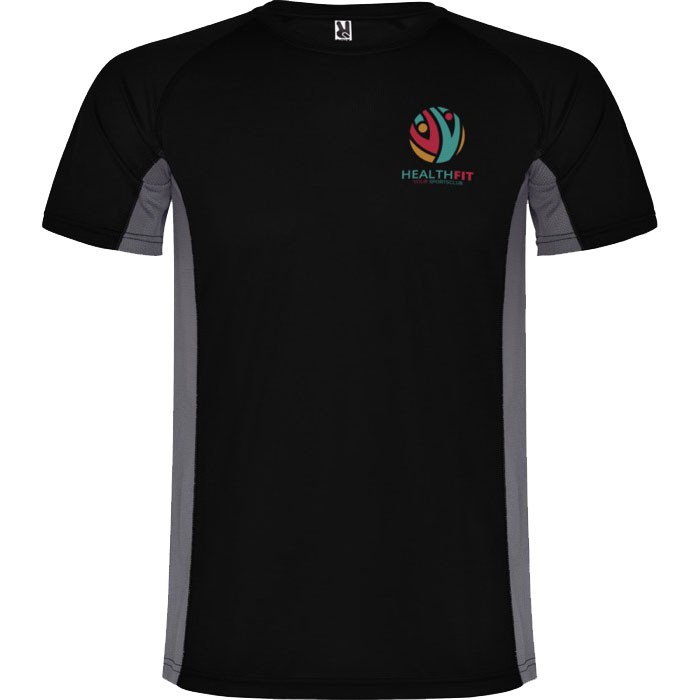 Camiseta deportiva de poliéster para hombre bicolor 140 g/m2 Roly color negro vista impresión serigrafía
