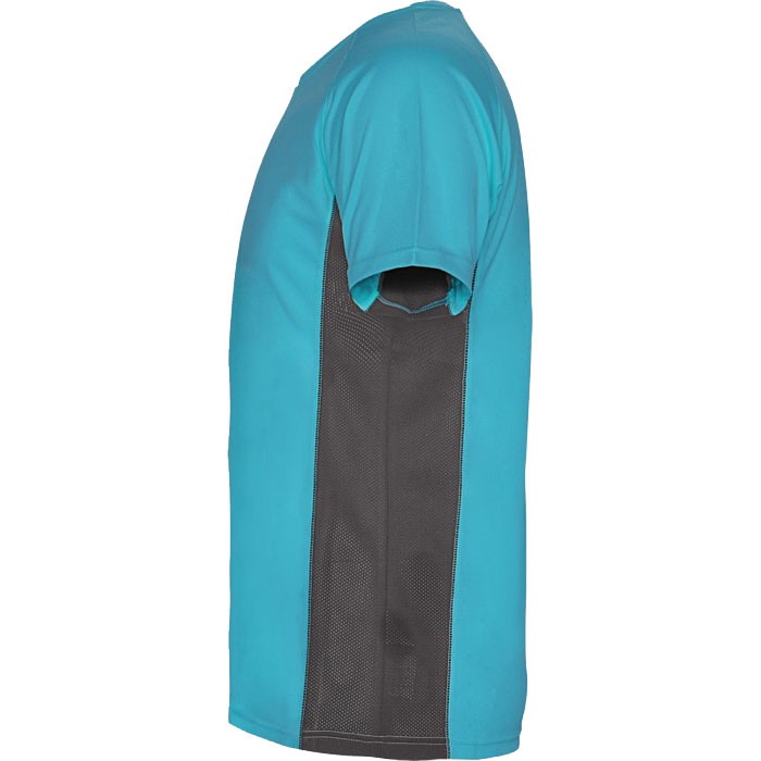 Camiseta deportiva de poliéster para hombre bicolor 140 g/m2 Roly color turquesa vista lateral