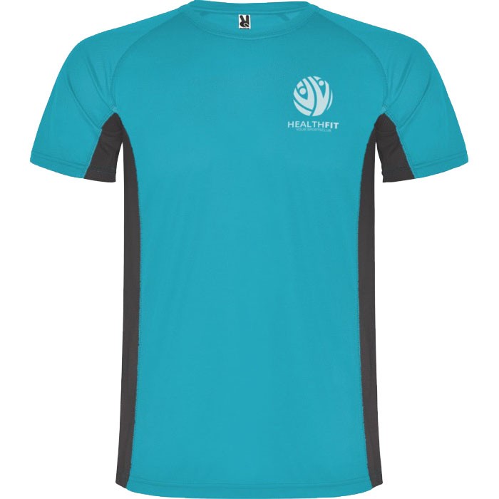 Camiseta deportiva de poliéster para hombre bicolor 140 g/m2 Roly color turquesa vista impresión serigrafía