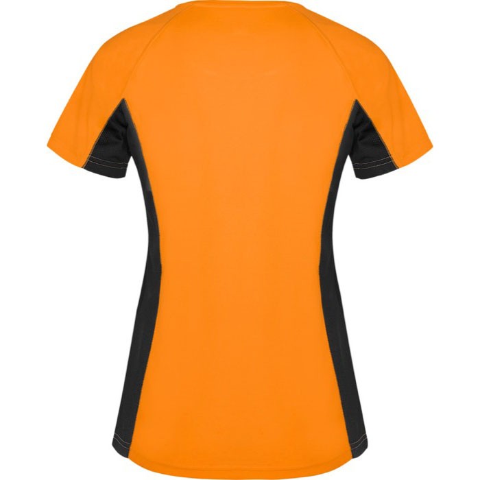 Camiseta deportiva de poliéster para mujer bicolor 140 g/m2 Roly color naranja fluorescente segunda vista trasera Camiseta deportiva de poliéster para mujer bicolor 140 g/m2 Roly color naranja fluorescente segunda vista trasera