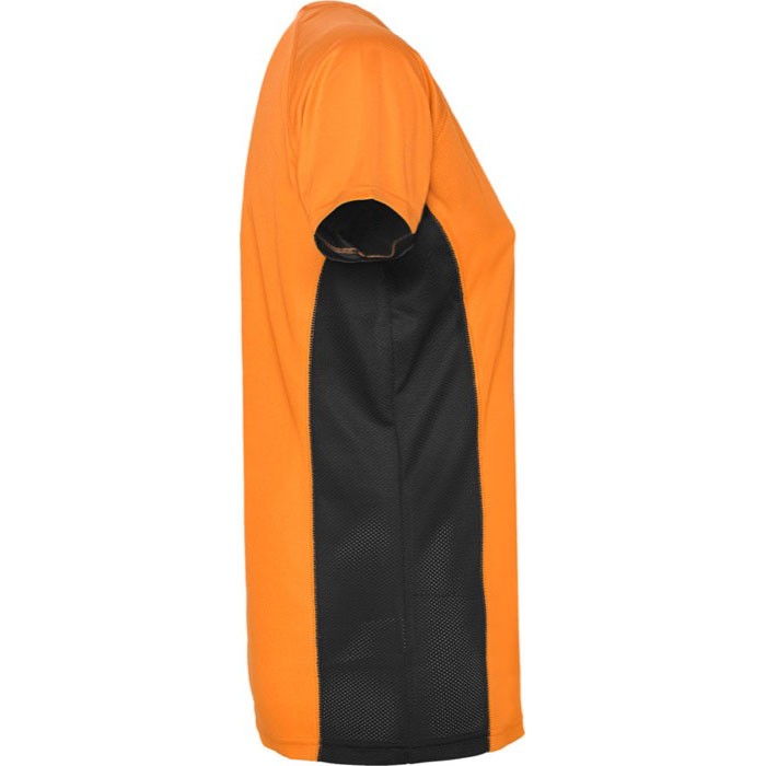 Camiseta deportiva de poliéster para mujer bicolor 140 g/m2 Roly color naranja fluorescente segunda vista lateral Camiseta deportiva de poliéster para mujer bicolor 140 g/m2 Roly color naranja fluorescente segunda vista lateral