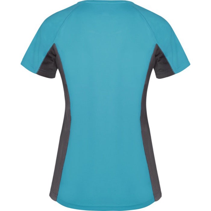 Camiseta deportiva de poliéster para mujer bicolor 140 g/m2 Roly color turquesa segunda vista trasera Camiseta deportiva de poliéster para mujer bicolor 140 g/m2 Roly color turquesa segunda vista trasera
