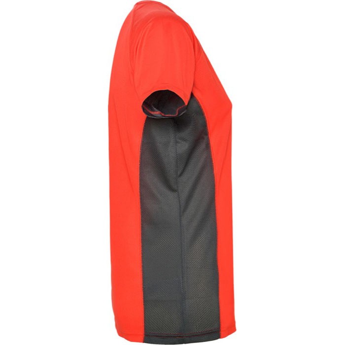 Camiseta deportiva de poliéster para mujer bicolor 140 g/m2 Roly color rojo segunda vista lateral Camiseta deportiva de poliéster para mujer bicolor 140 g/m2 Roly color rojo segunda vista lateral