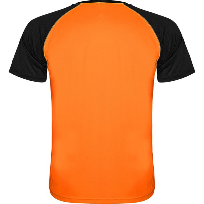 Camiseta de deportes de manga corta unisex de poliéster 140 g/m2 Roly color naranja fluorescente segunda vista trasera Camiseta de deportes de manga corta unisex de poliéster 140 g/m2 Roly color naranja fluorescente segunda vista trasera