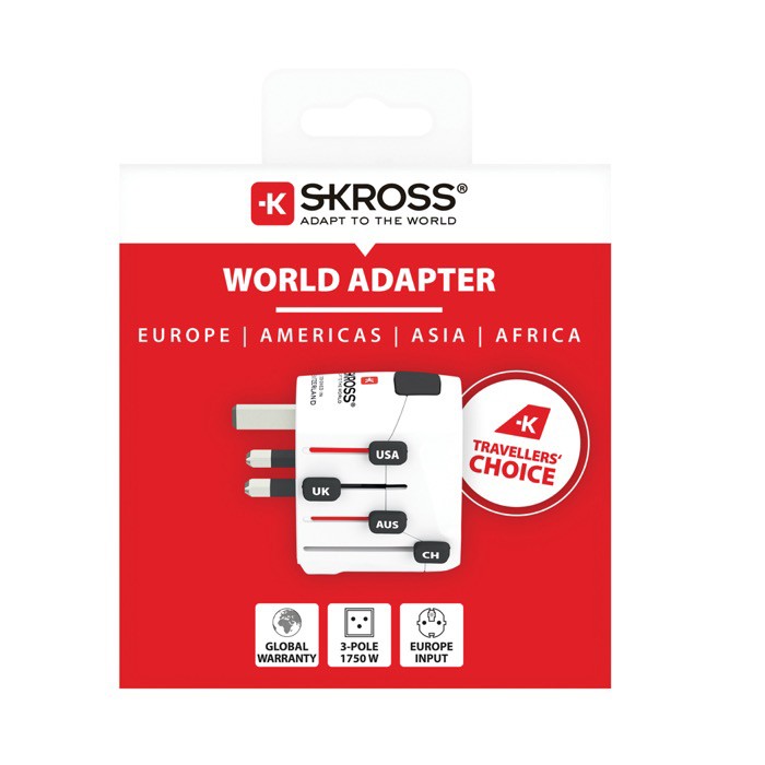 Adaptador de viaje mundial con más de 100 destinos Skross color blanco vista con caja Adaptador de viaje mundial con más de 100 destinos Skross color blanco vista con caja