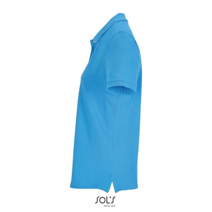 Polo de algodón peinado para mujer manga corta y 3 botones color azul cian vista lateral Polo de algodón peinado para mujer manga corta y 3 botones color azul cian vista lateral