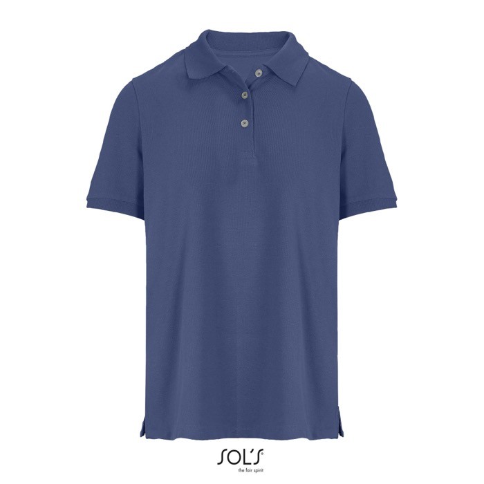 Polo de algodón peinado para mujer manga corta y 3 botones color azul vaquero Polo de algodón peinado para mujer manga corta y 3 botones color azul vaquero