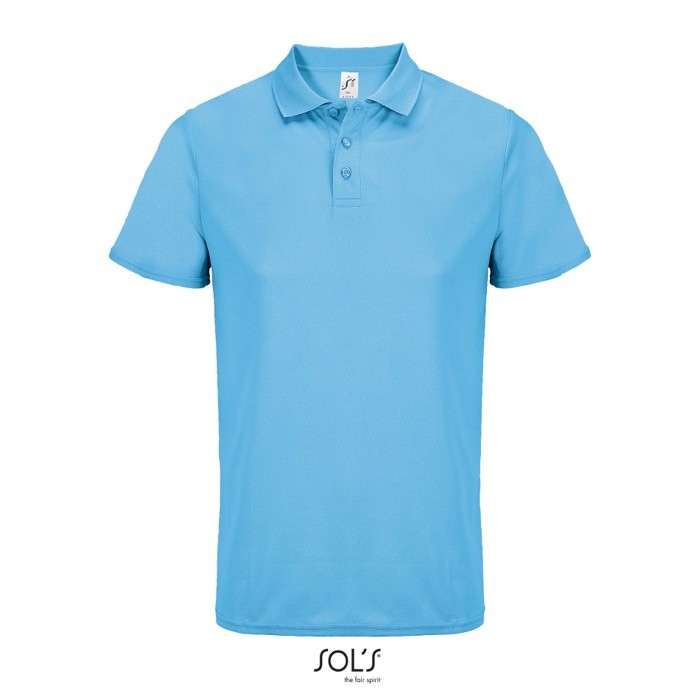 Polo deportivo de poliéster reciclado de manga corta y 3 botones color azul cian Polo deportivo de poliéster reciclado de manga corta y 3 botones color azul cian