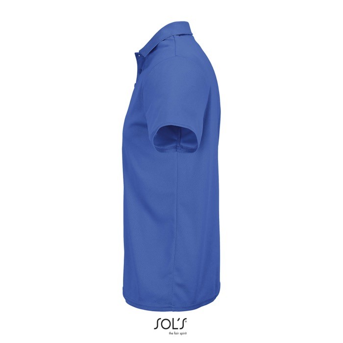 Polo deportivo de poliéster reciclado de manga corta y 3 botones color azul real vista lateral Polo deportivo de poliéster reciclado de manga corta y 3 botones color azul real vista lateral