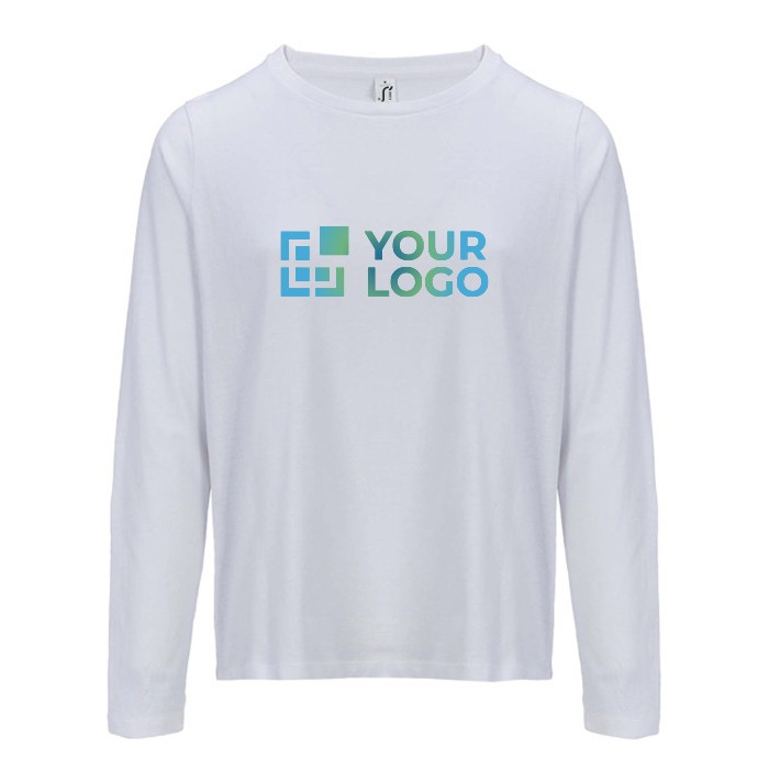 Camiseta de algodón semi peinado de manga larga y cuello redondo color blanco vista de impresión Camiseta de algodón semi peinado de manga larga y cuello redondo color blanco vista de impresión