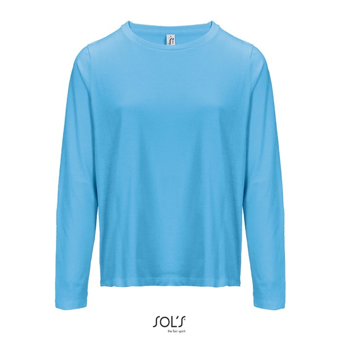 Camiseta de algodón semi peinado de manga larga y cuello redondo color azul cian Camiseta de algodón semi peinado de manga larga y cuello redondo color azul cian