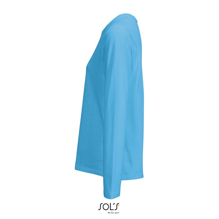 Camiseta de algodón semi peinado de manga larga y cuello redondo color azul cian vista lateral Camiseta de algodón semi peinado de manga larga y cuello redondo color azul cian vista lateral