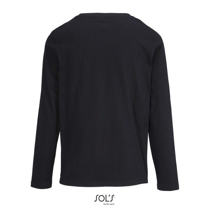 Camiseta de algodón semi peinado de manga larga y cuello redondo color negro vista trasera Camiseta de algodón semi peinado de manga larga y cuello redondo color negro vista trasera