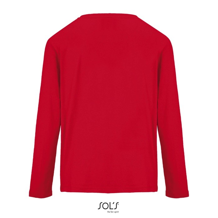 Camiseta de algodón semi peinado de manga larga y cuello redondo color rojo vista trasera Camiseta de algodón semi peinado de manga larga y cuello redondo color rojo vista trasera