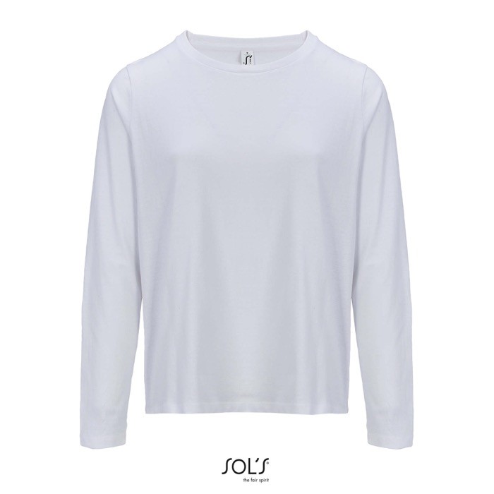 Camiseta de algodón semi peinado de manga larga y cuello redondo color blanco novena vista Camiseta de algodón semi peinado de manga larga y cuello redondo color blanco novena vista