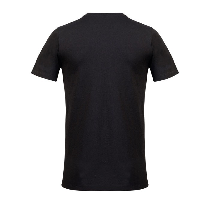 Camiseta promocional unisex de materiales reciclados de cuello redondo color negro vista trasera Camiseta promocional unisex de materiales reciclados de cuello redondo color negro vista trasera