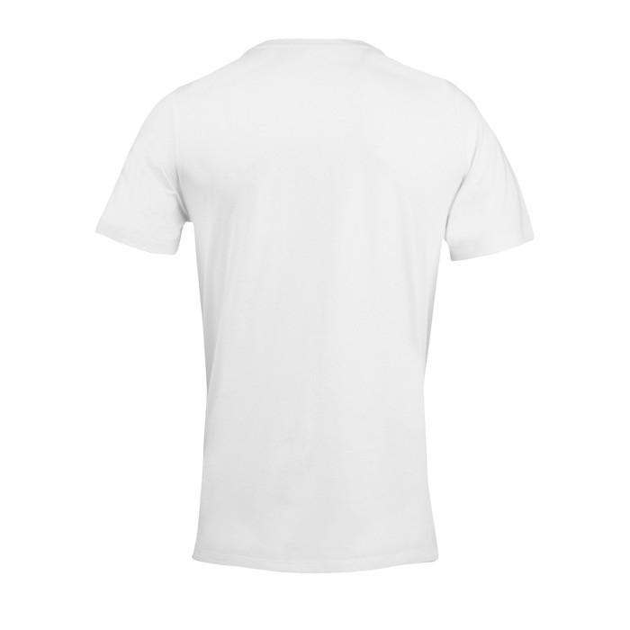 Camiseta promocional unisex de materiales reciclados de cuello redondo color blanco vista trasera Camiseta promocional unisex de materiales reciclados de cuello redondo color blanco vista trasera