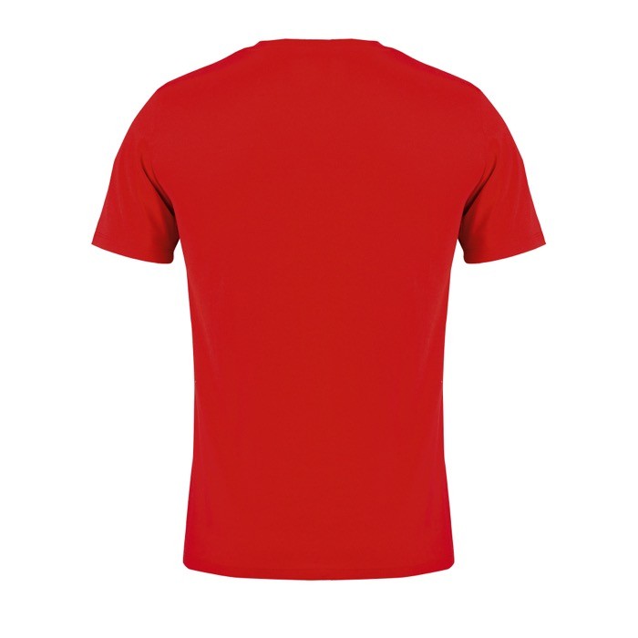 Camiseta promocional unisex de materiales reciclados de cuello redondo color rojo vista trasera Camiseta promocional unisex de materiales reciclados de cuello redondo color rojo vista trasera