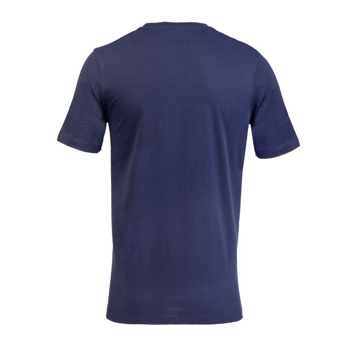 Camiseta promocional unisex de materiales reciclados de cuello redondo color azul marino vista trasera Camiseta promocional unisex de materiales reciclados de cuello redondo color azul marino vista trasera