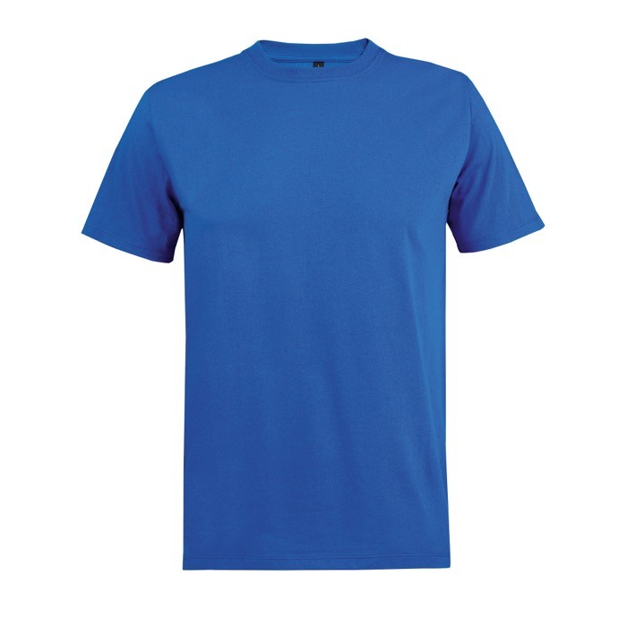 Camiseta promocional unisex de materiales reciclados de cuello redondo color azul real Camiseta promocional unisex de materiales reciclados de cuello redondo color azul real