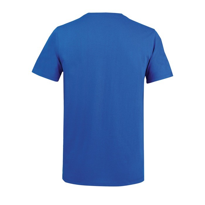 Camiseta promocional unisex de materiales reciclados de cuello redondo color azul real vista trasera Camiseta promocional unisex de materiales reciclados de cuello redondo color azul real vista trasera