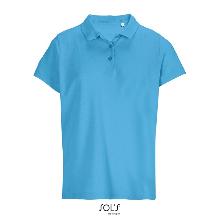 Polo para mujer de 100% algodón peinado y cuello canalé con 3 botones color azul cian Polo para mujer de 100% algodón peinado y cuello canalé con 3 botones color azul cian