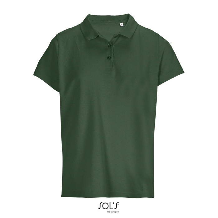 Polo para mujer de 100% algodón peinado y cuello canalé con 3 botones color verde oscuro vista bodegón Polo para mujer de 100% algodón peinado y cuello canalé con 3 botones color verde oscuro vista bodegón